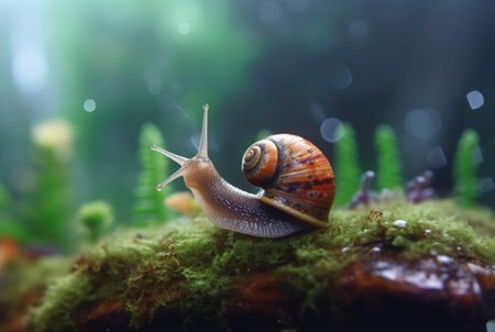 snail on mossy rock with blurred background and aesthetic raindrops. generative aiの素材