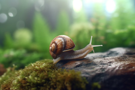 snail on mossy rock with blurred background and aesthetic raindrops. generative aiの素材