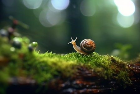 snail on mossy rock with blurred background and aesthetic raindrops. generative aiの素材