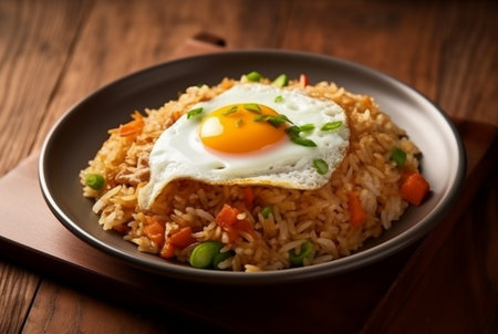 top view of special fried rice on a plate with chicken and sunny side up egg. generative aiの素材