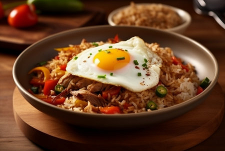 top view of special fried rice on a plate with chicken and sunny side up egg. generative aiの素材