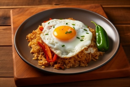 top view of special fried rice on a plate with chicken and sunny side up egg. generative aiの素材