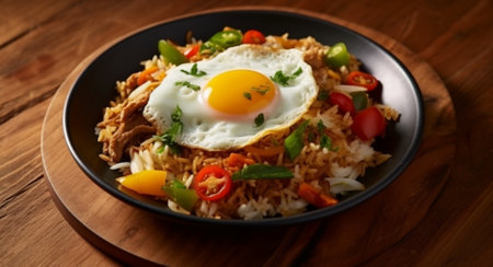 top view of special fried rice on a plate with chicken and sunny side up egg. generative aiの素材