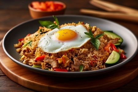 top view of special fried rice on a plate with chicken and sunny side up egg. generative aiの素材