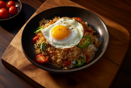 top view of special fried rice on a plate with chicken and sunny side up egg. generative aiの素材