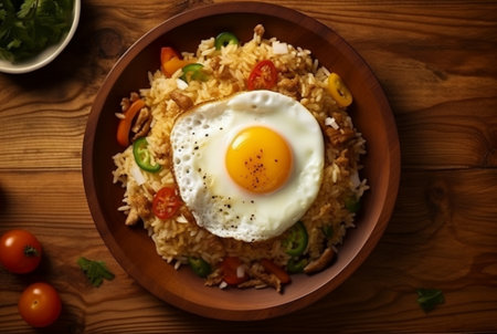 top view of special fried rice on a plate with chicken and sunny side up egg. generative aiの素材