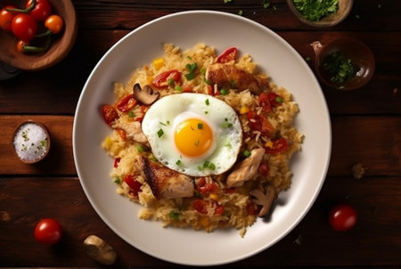 top view of special fried rice on a plate with chicken and sunny side up egg. generative aiの素材