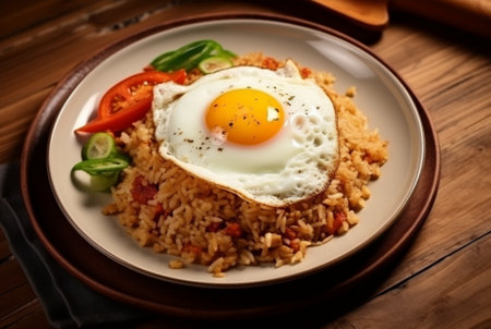 top view of special fried rice on a plate with chicken and sunny side up egg. generative aiの素材