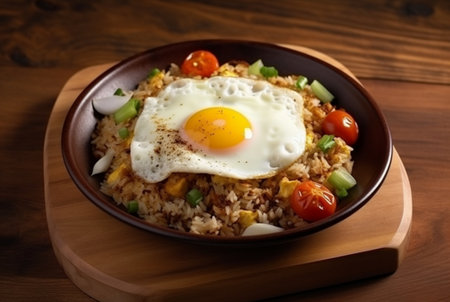 top view of special fried rice on a plate with chicken and sunny side up egg. generative aiの素材