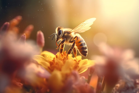 a honey bee is working hard and pollinating flowers. generative aiの素材