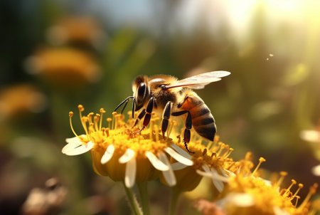 a honey bee is working hard and pollinating flowers. generative aiの素材
