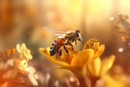 a honey bee is working hard and pollinating flowers. generative aiの素材