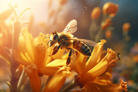 a honey bee is working hard and pollinating flowers. generative aiの素材