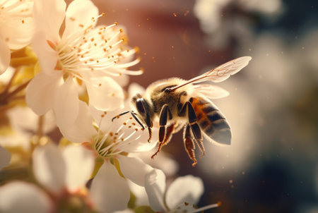 a honey bee is working hard and pollinating flowers. generative aiの素材