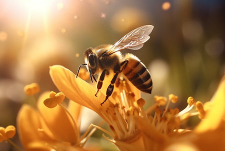 a honey bee is working hard and pollinating flowers. generative aiの素材
