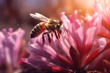 a honey bee is working hard and pollinating flowers. generative aiの素材