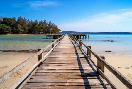 wooden bridge over the beach with calm and clean water. generative aiの素材