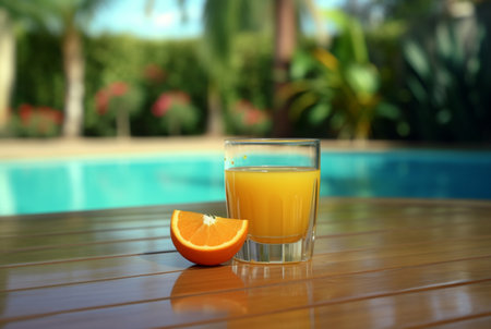 a glass of orange juice with fresh orange slices on a wooden table with a swimming pool in the background. generative aiの素材