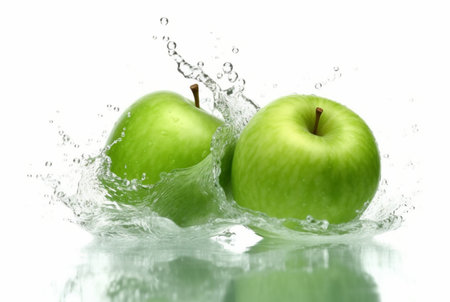 green apple with water splash isolated white background. generative aiの素材