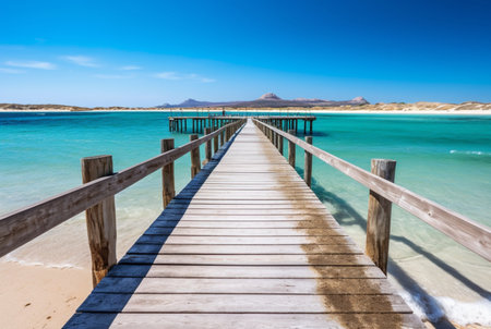 wooden bridge over the beach with calm and clean water. generative aiの素材
