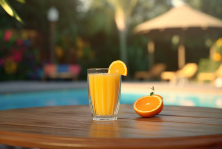 a glass of orange juice with fresh orange slices on a wooden table with a swimming pool in the background. generative aiの素材