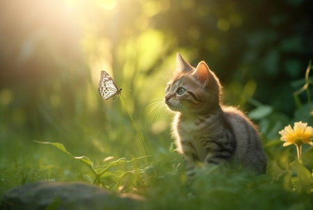 Cute cat is playing on green grass with butterflies flying in blurred background and beautiful sunlight. generative aiの素材
