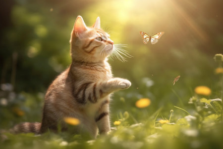 Cute cat is playing on green grass with butterflies flying in blurred background and beautiful sunlight. generative aiの素材