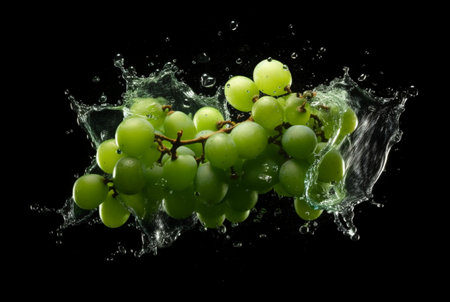 green grapes with water splash isolated black background. generative aiの素材
