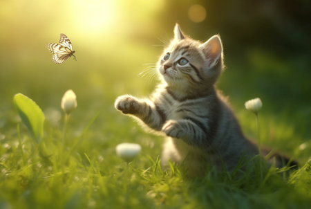 Cute cat is playing on green grass with butterflies flying in blurred background and beautiful sunlight. generative aiの素材