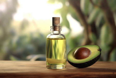 composition with bottle of avocado essential oil and sliced avocado on wooden table with blurred background. generative aiの素材