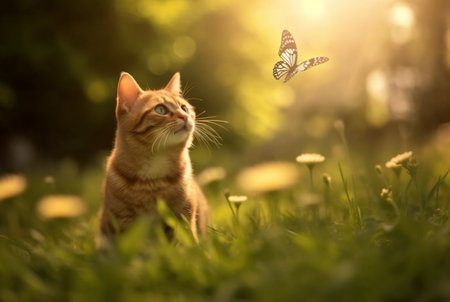 Cute cat is playing on green grass with butterflies flying in blurred background and beautiful sunlight. generative aiの素材
