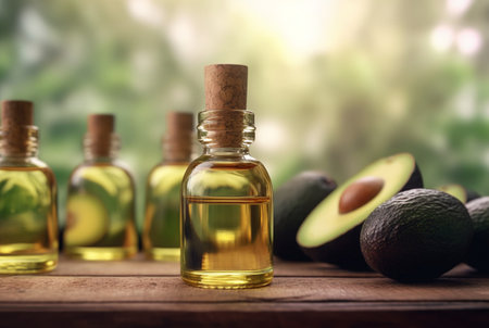 composition with bottle of avocado essential oil and sliced avocado on wooden table with blurred background. generative aiの素材