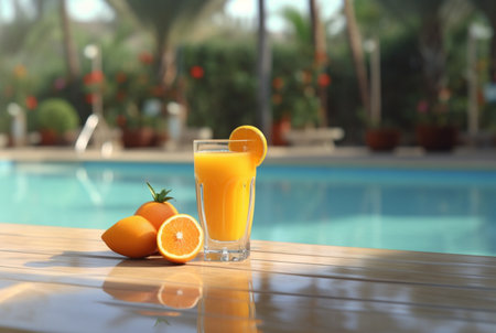 a glass of orange juice with fresh orange slices on a wooden table with a swimming pool in the background. generative aiの素材