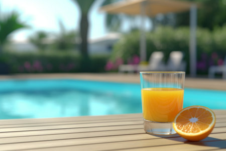a glass of orange juice with fresh orange slices on a wooden table with a swimming pool in the background. generative aiの素材