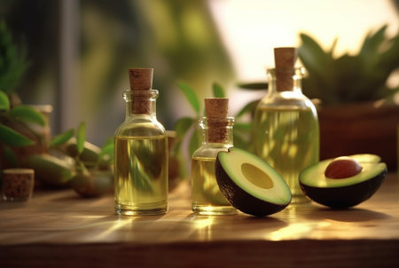 composition with bottle of avocado essential oil and sliced avocado on wooden table with blurred background. generative aiの素材