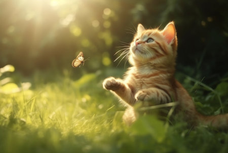 Cute cat is playing on green grass with butterflies flying in blurred background and beautiful sunlight. generative aiの素材