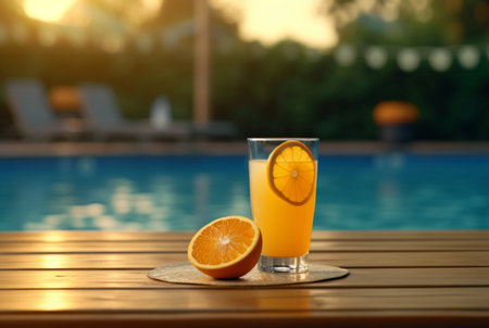 a glass of orange juice with fresh orange slices on a wooden table with a swimming pool in the background. generative aiの素材