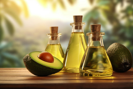 composition with bottle of avocado essential oil and sliced avocado on wooden table with blurred background. generative aiの素材