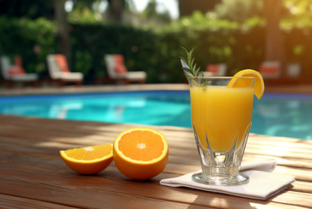 a glass of orange juice with fresh orange slices on a wooden table with a swimming pool in the background. generative aiの素材