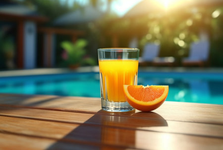 a glass of orange juice with fresh orange slices on a wooden table with a swimming pool in the background. generative aiの素材