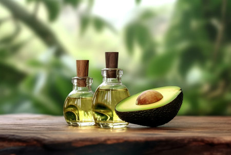 composition with bottle of avocado essential oil and sliced avocado on wooden table with blurred background. generative aiの素材