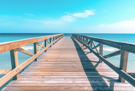 wooden bridge over the beach with calm and clean water. generative aiの素材