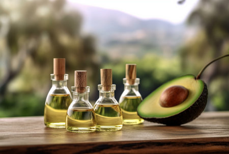 composition with bottle of avocado essential oil and sliced avocado on wooden table with blurred background. generative aiの素材