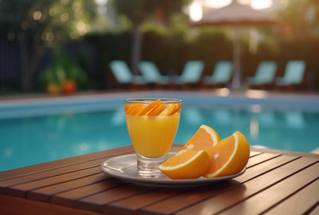 a glass of orange juice with fresh orange slices on a wooden table with a swimming pool in the background. generative aiの素材