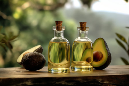 composition with bottle of avocado essential oil and sliced avocado on wooden table with blurred background. generative aiの素材