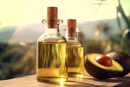 composition with bottle of avocado essential oil and sliced avocado on wooden table with blurred background. generative aiの素材
