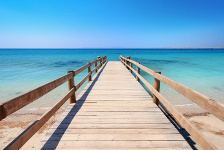 wooden bridge over the beach with calm and clean water. generative aiの素材