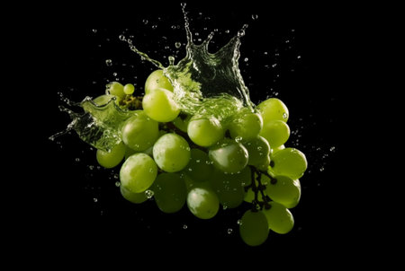 green grapes with water splash isolated black background. generative aiの素材