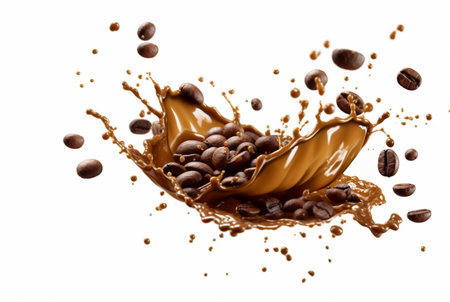 coffee chocolate splash with coffee beans isolated on white background. generative aiの素材