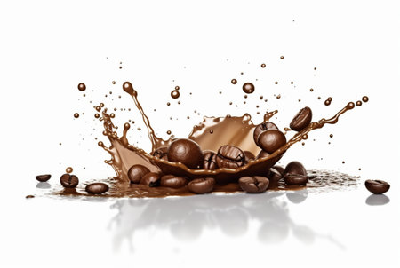 coffee chocolate splash with coffee beans isolated on white background. generative aiの素材
